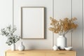 Blank Photo Frame Mockup Close Up in Scandinavian Style Home Minimal White Wooden Wall Background - Generative AI Royalty Free Stock Photo