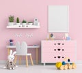 Blank photo frame for mockup in pink child room, 3D rendering