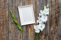 Blank photo frame near flower gladiolus on rustic wooden background top view mockup copyspace Royalty Free Stock Photo