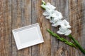 Blank photo frame near flower gladiolus on rustic wooden background top view mockup copyspace Royalty Free Stock Photo