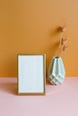Blank photo frame with vase of dry flowers on pink table. orange wall background Royalty Free Stock Photo
