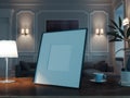 Blank photo frame on wooden table in stylish living room. 3d rendering.