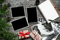 Blank photo frames on christmas wooden background Royalty Free Stock Photo