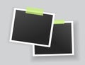 Blank photo frames hanging on adhesive tape. Vintage mockups template for memory album or scrapbook. Retro pictures with