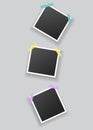 Blank photo frames hanging on adhesive tape. Vintage mockups template for memory album or scrapbook. Retro pictures with