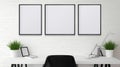 blank Photo frames hanging on wall at workplace. close up view of empty photo. generative ai Royalty Free Stock Photo