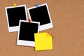 Polaroid photo frames sticky note cork background copy space Royalty Free Stock Photo