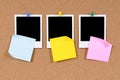 Three polaroid photo frames, office post-it style sticky notes copy space Royalty Free Stock Photo