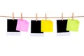 Polaroid frames, post it style sticky notes, rope string washing line Royalty Free Stock Photo