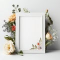 Blank photoframe with copy space for text or picture standing on table and beautiful spring flowers on white