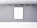 Blank picture frame in empty room with lamps and white wooden fl Royalty Free Stock Photo
