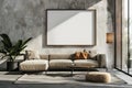 Blank picture frame hanging on concrete wall in modern living room interior with sofa stool and potted plant on floor Royalty Free Stock Photo