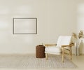 Blank picture frame mock up in beige contemporary minimalist interior with armchair, coffee table and decor. 3d Royalty Free Stock Photo