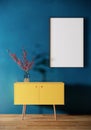 Blank picture frame mock up and yellow cabinet on blue wall, Room interior design