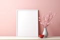 Blank Picture Frame Mockup. Pastel Pink Wall. Copy Space