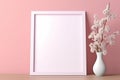 Blank Picture Frame Mockup. Pastel Pink Wall. Copy Space