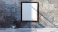 Blank picture frame mockup on stone wall. 3d rendering.