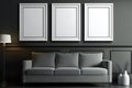 Blank picture frame mockup on white wall. Modern living room design. View of modern scandinavian style interior with sofa. Royalty Free Stock Photo