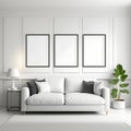 Blank picture frame mockup on white wall. Modern living room design. View of modern scandinavian style interior with sofa. Royalty Free Stock Photo