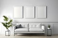 Blank picture frame mockup on white wall. Modern living room design. View of modern scandinavian style interior with sofa. Royalty Free Stock Photo