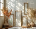 Blank picture frame on the parquet floor with flowers near window Royalty Free Stock Photo