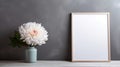 Blank Picture Frame With Pink Flower On Grey Wall