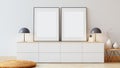 Blank picture frame on white wall. Luxury home interior design. Decorative items on the white cabinet - 3D render Royalty Free Stock Photo