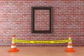 Blank Picture Frame with Yellow Tape Do Not Cross Police Line with Road Cones in Museum. 3d Rendering Royalty Free Stock Photo