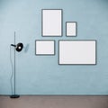 Blank picture frames mock up on light blue color wall, modern room interior Royalty Free Stock Photo