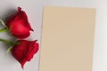 A Blank piece of note paper beside 2 red roses on a white countertop