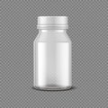 Blank pills bottle. Realistic medical container for capsules. 3D vial with cap on transparent background. Pharmaceutical Royalty Free Stock Photo