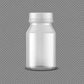 Blank pills bottle. Realistic medical container for capsules. 3D vial with cap on transparent background. Pharmaceutical packaging Royalty Free Stock Photo