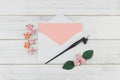 Blank pink card in white envelope and oblique pen Royalty Free Stock Photo