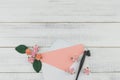 Blank pink card in white envelope and oblique pen Royalty Free Stock Photo