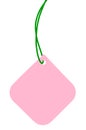 Blank Pink Cardboard Sale Tag And Neon Green String, Empty Square Price Label Background, Vertical Detailed Hanging Badge