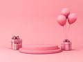 Blank pink podium pedestal with gift boxes and balloons or blank product display exhibition stand stage platform Royalty Free Stock Photo