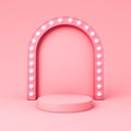 Blank pink podium pedestal or platform with glowing retro light bulbs isolated on pink pastel color background