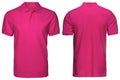 Blank pink polo shirt, front and back view, isolated white background. Design polo shirt, template and mockup for print.