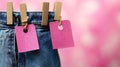 Blank pink price tags on denim jeans Royalty Free Stock Photo