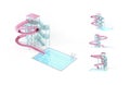 Blank pink waterslide with swimming pool mockup, different views