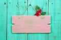 Blank pink weathered sign with red flower hanging on antique green wood door Royalty Free Stock Photo