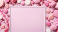 Blank pink white frame. Assorted sweets, confectionery around empty frame