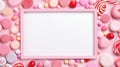 Blank pink white frame. Assorted sweets, confectionery around empty frame