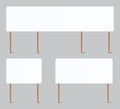 Blank placard. Realistic whiteboard attached to wooden sticks. Square plank mockup for writing. Visual aid templates set