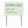 Blank placard with stick. Shop sale billboard. Promotion announcement. Discount percent. Public signpost. Shopping