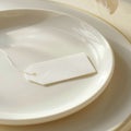 Blank Place Card on Minimalist White Plate Elegant Table Setting Decor Royalty Free Stock Photo