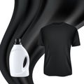 Blank plastic bottle for laundry detergent with black cloth and black T-shirt. Vector realistic image. Royalty Free Stock Photo