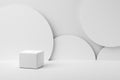 Blank platform, podium or pedestal for product display. White cube with round cylindrical objects on the background