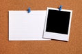 Blank polaroid photo frame, cork notice board, white index card, copy space Royalty Free Stock Photo