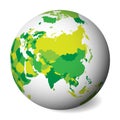 Blank political map of Asia. 3D Earth globe with green map. Vector illustration Royalty Free Stock Photo